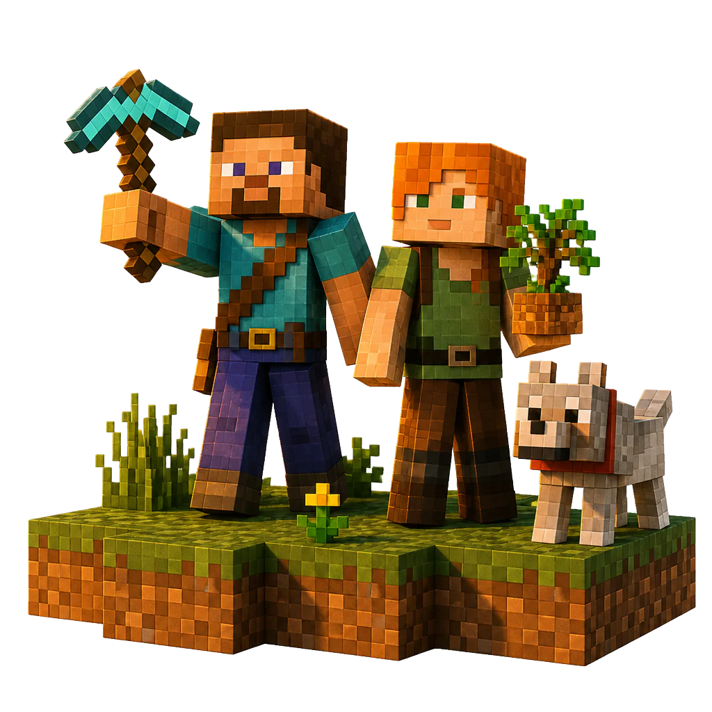 Voxel builder with a diamond pickaxe, an explorer holding a sapling, and their voxel dog